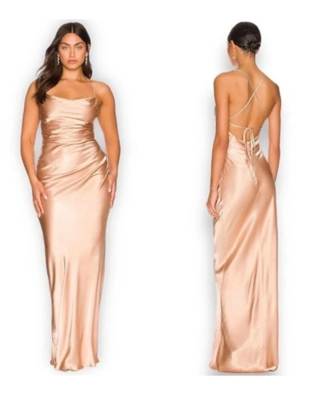 SHONA JOY  Ruched Backless Lace Up Satin Slip Dress La Lune Desert Rose 12 NWT